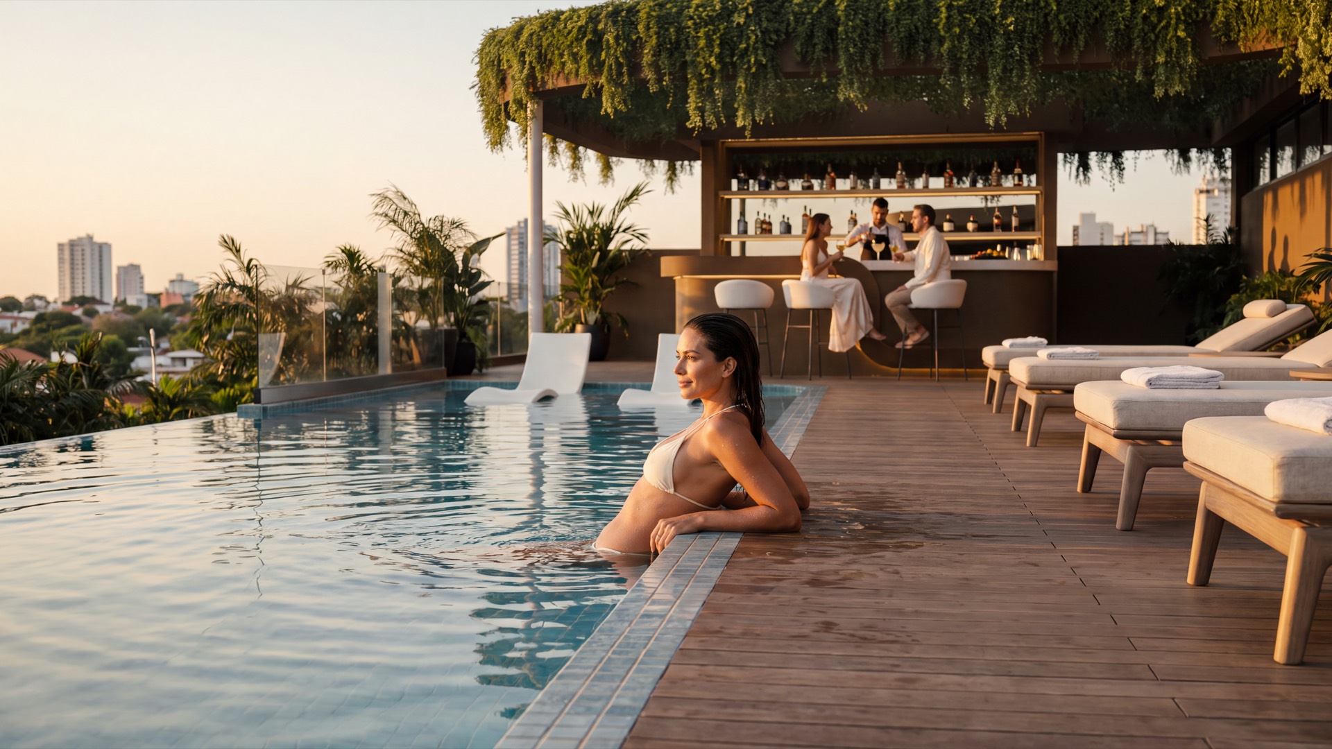 Piscina y solárium de CIVIS XV con vista a la ciudad