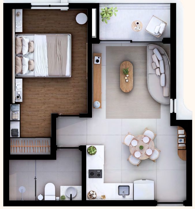 Plano de 1 habitación con balcón